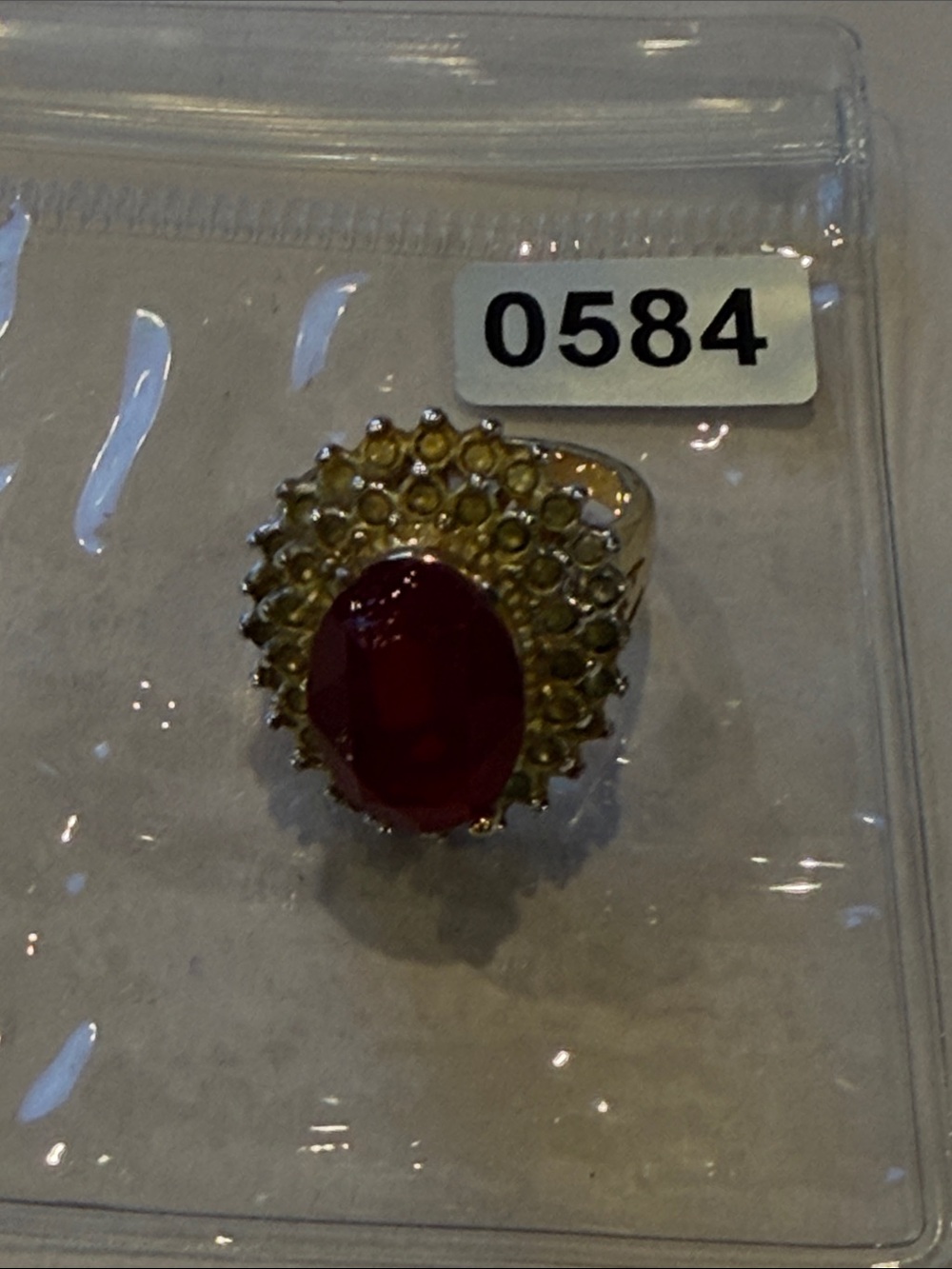 18KGE CZ size 6Gold-Tone Statement Ring with Red Oval Gem